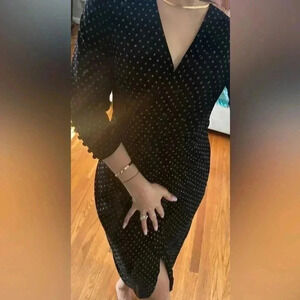 ZARA KNIT Wrap Velvet Black Silver Dress Polkadot 3/4 Sleeve Sz small